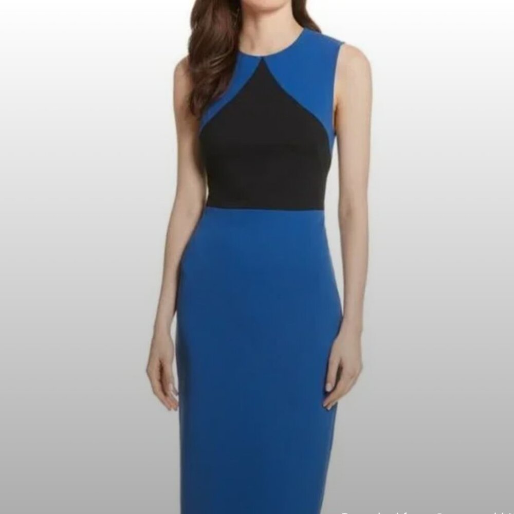 Diane von Furstenberg Blue Black Colorblock Sleeveless Midi Sheath Dress Size 10